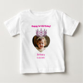 T-shirt Pour Bébé 1er anniversaire nom âge photo rose tiara bébé fil (Devant)
