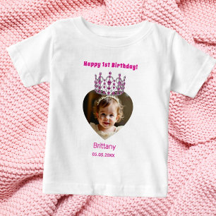 T-shirt Pour Bébé 1er anniversaire nom âge photo rose tiara bébé fil