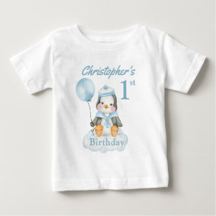 T-shirt Pour Bébé 1er Anniversaire Pingouin Bleu Personnaliser Baby 