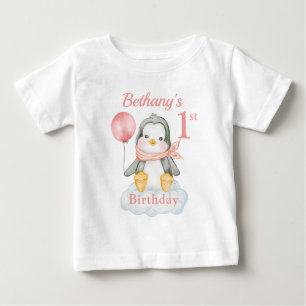 T-shirt Pour Bébé 1er Anniversaire Pingouin Rose Personnalisé