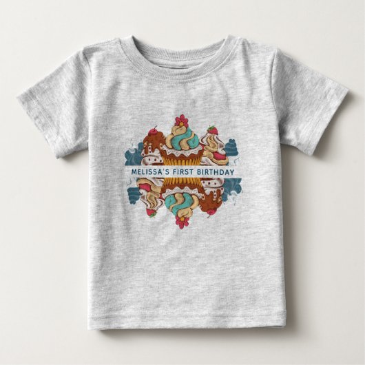 T-shirt Pour Bébé 1er Anniversaire Retro Style Cupcakes Sweet Desser (Devant)