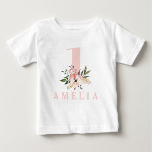T-shirt Pour Bébé 1er anniversaire rose girly fleurie anniversaire