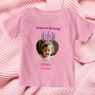 T-shirt Pour Bébé 1er anniversaire rose nom photo tiara bébé fille
