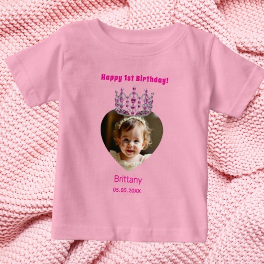 T-shirt Pour Bébé 1er anniversaire rose nom photo tiara bébé fille