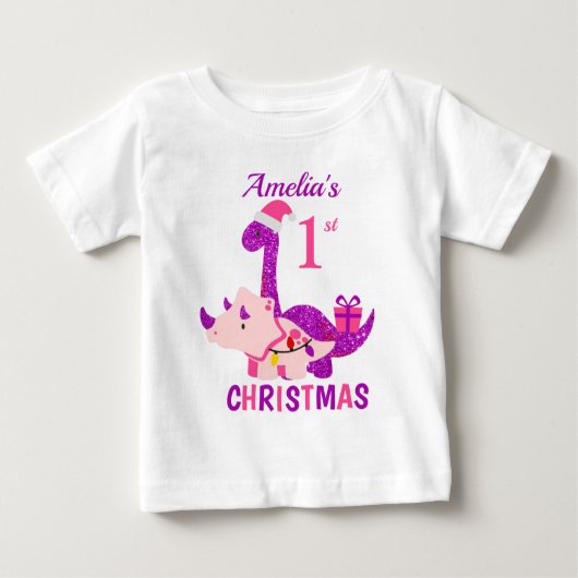 T-shirt Pour Bébé 1er Noël Dinosaur Parties scintillant violet (Devant)
