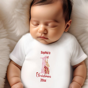 T-shirt Pour Bébé 1er Noël Lapin Mignon Rose Rouge Nom Fille