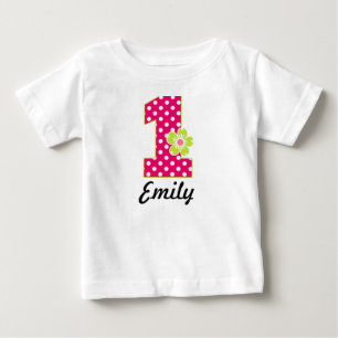 T-shirt Pour Bébé 1ère fille d'anniversaire Hot Pink & Green Dots