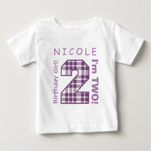T-shirt Pour Bébé 2ème PLAID de POURPRE du nombre A42 d'anniversaire