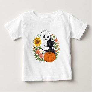 T-shirt Pour Bébé Adorable Fantôme et Chat Noir Chute mignonne Hallo