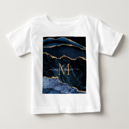 T-shirt Pour Bébé Agate Marine Blue Gold Gemstone Marbre Nom personn (Devant)