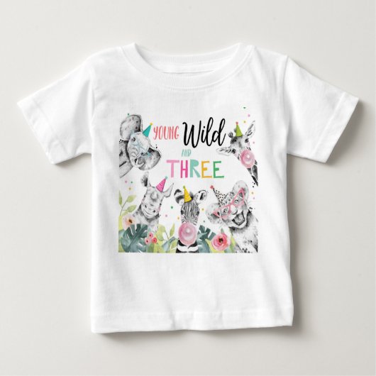 T-shirt Pour Bébé Animaux de fête Anniversaire Fille sauvage Trois A (Devant)