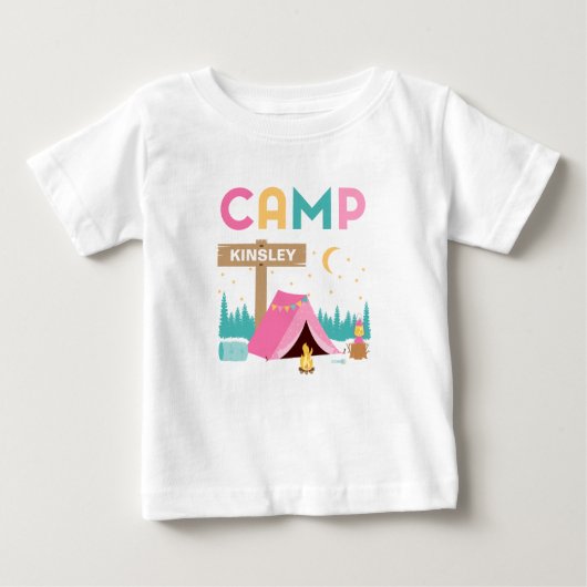 T-shirt Pour Bébé Anniversaire Thème Camping Filles Rose Moderne  (Devant)