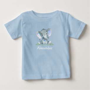 T-shirt Pour Bébé Aquarelle Blue Baby Elephant sur le bleu vert