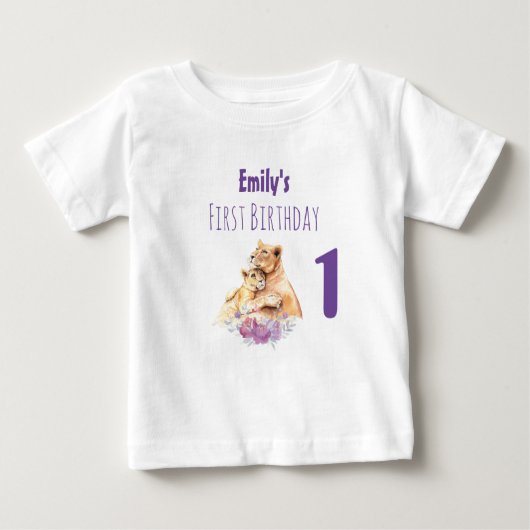 T-shirt Pour Bébé Aquarelle mignonne Mère Lion & Cub Premier anniver (Devant)