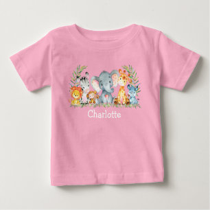 T-shirt Pour Bébé Aquarelle Safari Jungle mignonne Bébé Animaux rose