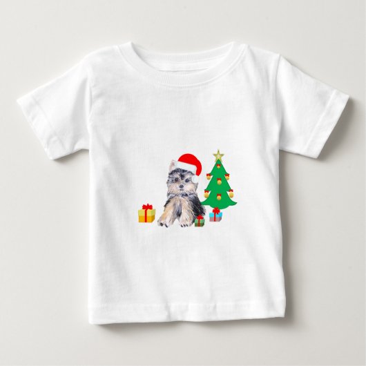 T-shirt Pour Bébé Arbre de Noël, Chien chiot du Yorkshire & cadeaux (Devant)