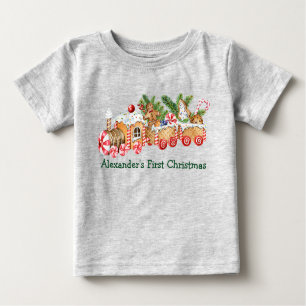 T-shirt Pour Bébé Baby First Christmas Gingerbread Train Candy Grey