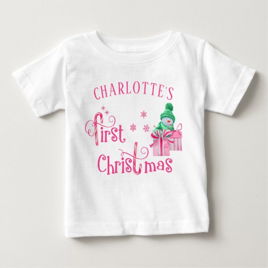 T-shirt Pour Bébé Baby First Christmas Pink Snowman and Snowflakes (Devant)