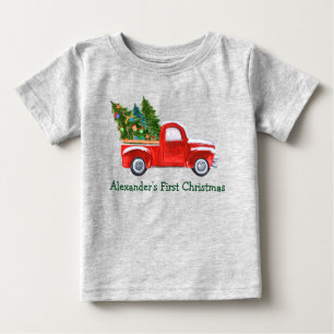 T-shirt Pour Bébé Baby First Christmas Red Truck Green Name Grey