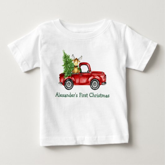 T-shirt Pour Bébé Baby First Christmas Red Truck Tree Moose (Devant)