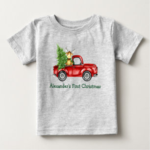 T-shirt Pour Bébé Baby First Christmas Red Truck Tree Moose Grey