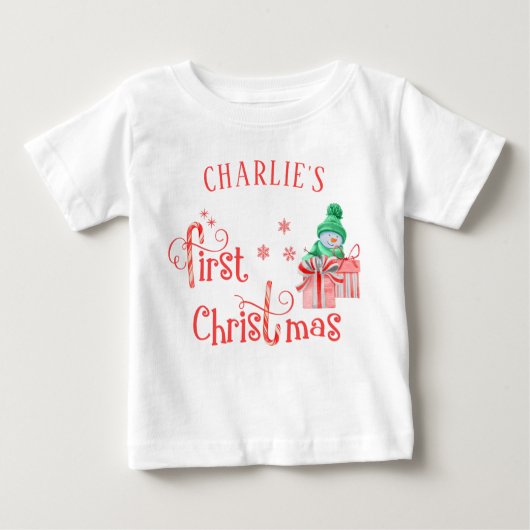 T-shirt Pour Bébé Baby First Christmas - Snowman mignon et flocons d (Devant)