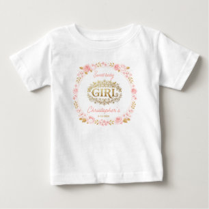 T-shirt Pour Bébé Baby Shower Fille Rose Poudré & Fleurs Dorées