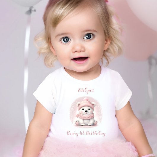 T-shirt Pour Bébé Beary d'hiver 1er anniversaire Rose Polar Bear Gir