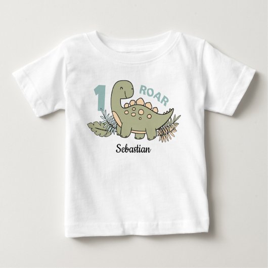 T-shirt Pour Bébé Beau Dinosaure Bleu Vert Garçon 1er Anniversaire (Devant)