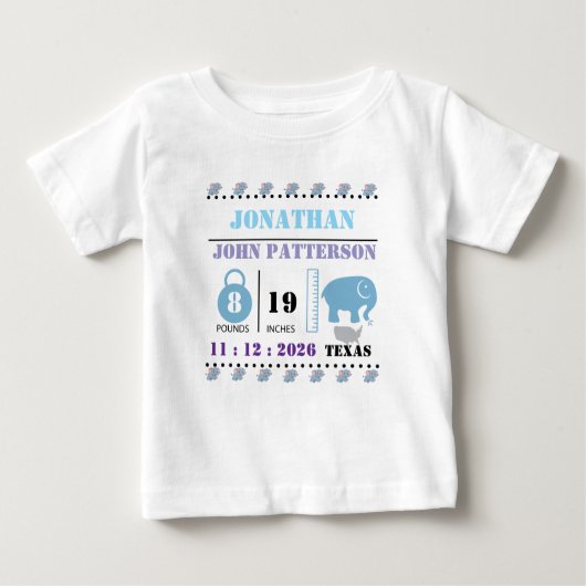 T-shirt Pour Bébé Bébé bleu mignon Eléphant Faire-part de naissance (Devant)