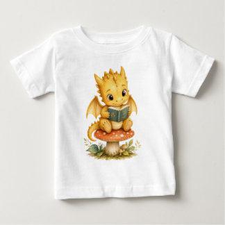 T-shirt Pour Bébé Bébé dragon jaune mignon lisant sur un champignon