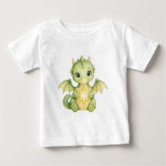 T-shirt Pour Bébé Bébé dragon vert mignon tenant l'étoile de Noël En