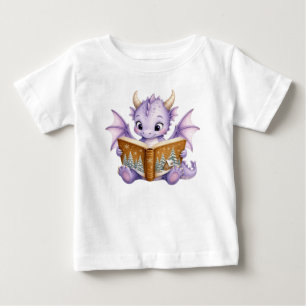 T-shirt Pour Bébé Bébé dragon violet mignon lisant un livre d'histoi