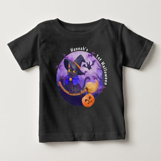 T-shirt Pour Bébé Bébé Halloween Chaton Sorcière Personnalisé Nom (Devant)