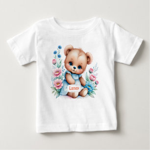 T-shirt Pour Bébé Bébé Ours en peluche avec des fleurs d'aquarelle