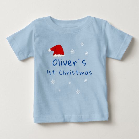 T-shirt Pour Bébé Bébé`s premier Noël Santa Chapeau Snowflake Bleu (Devant)