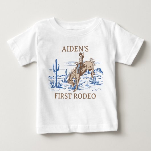 T-shirt Pour Bébé Bleu Brun Rustique Premier Rodéo 1er Anniversaire (Devant)