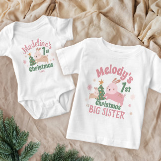 T-shirt Pour Bébé Boho Premier Noël avec mignon lapin, Arbre, Nom