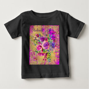 T-shirt Pour Bébé Bouquet de fleurs d'aquarelle sur rose Personnalis