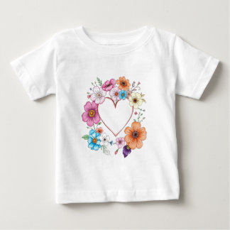 T-shirt Pour Bébé Cadre Coeur Floral Fleurs Romantiques Tirées À La 