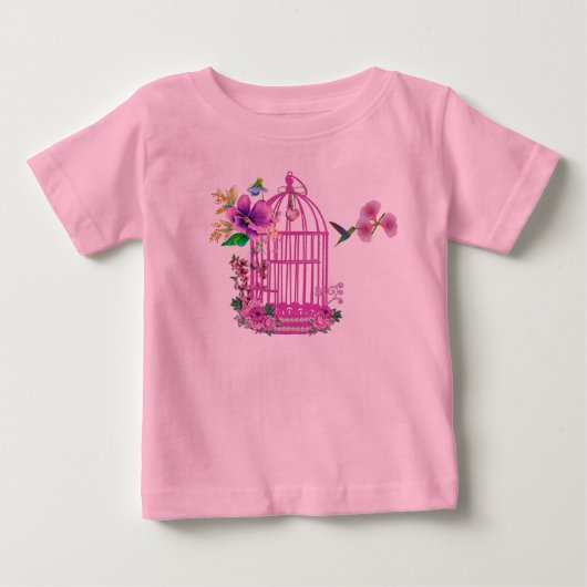 T-shirt Pour Bébé Cage à oiseaux florale rose (Devant)