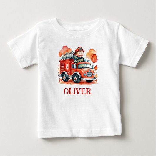 T-shirt Pour Bébé Camion de pompiers mignon et pompier (Devant)