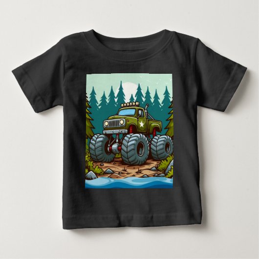 T-shirt Pour Bébé Camion monstre vert dans la forêt (Devant)