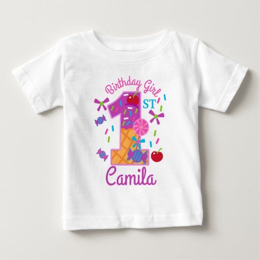 T-shirt Pour Bébé Candyland première lollipop d'anniversaire (Devant)