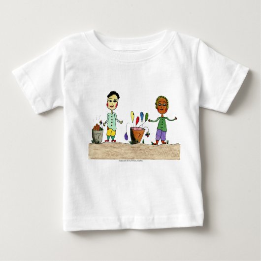 T-shirt Pour Bébé Caractères de dessin avec seau de ballons. (Devant)