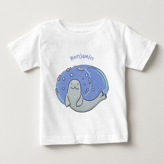 T-shirt Pour Bébé Caricature joyeux de phoque et de poisson bleu (Devant)
