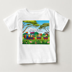 T-shirt Pour Bébé Cartoon Style Train Ride in the Forest Green Blue
