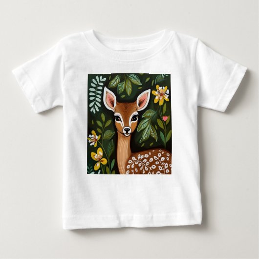 T-shirt Pour Bébé Cerf mignon avec Feuilles et fleurs (Devant)