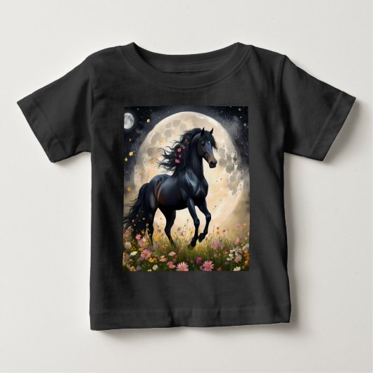T-shirt Pour Bébé Champ de fleur de lune de cheval noir, (Devant)