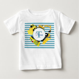 T-shirt Pour Bébé Chariots de construction Bleu rayures Monogramme